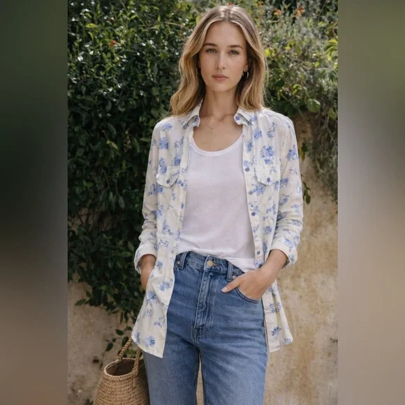 MÉME CHOSE x LAURA ASHLEY Blue Floral Cotton Poplin Button Down Shirt Romantic - Picture 2 of 5